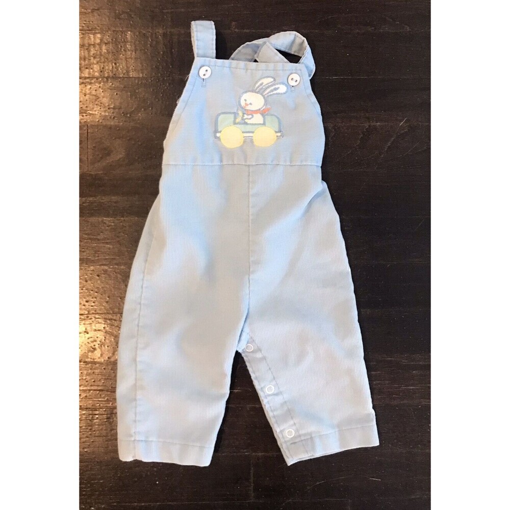 Vintage Toddler Baby Health-Tex Overalls 6 Months Blue Corduroy Bunny Appliqué